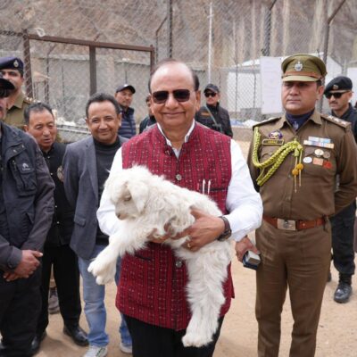 Ladakh Lieutenant Governor Vinai Kumar Saxena visits Pashmina Goat Farm in Upshi on April 26, 2026, promoting Ladakh Pashmina development, Changthangi goats and pastoral community welfare.